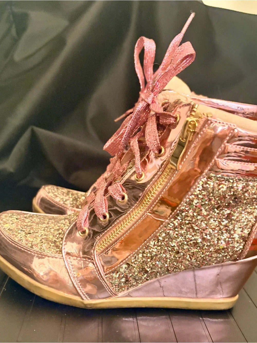 Glitter Rose Gold Wedge Sneakers for Women